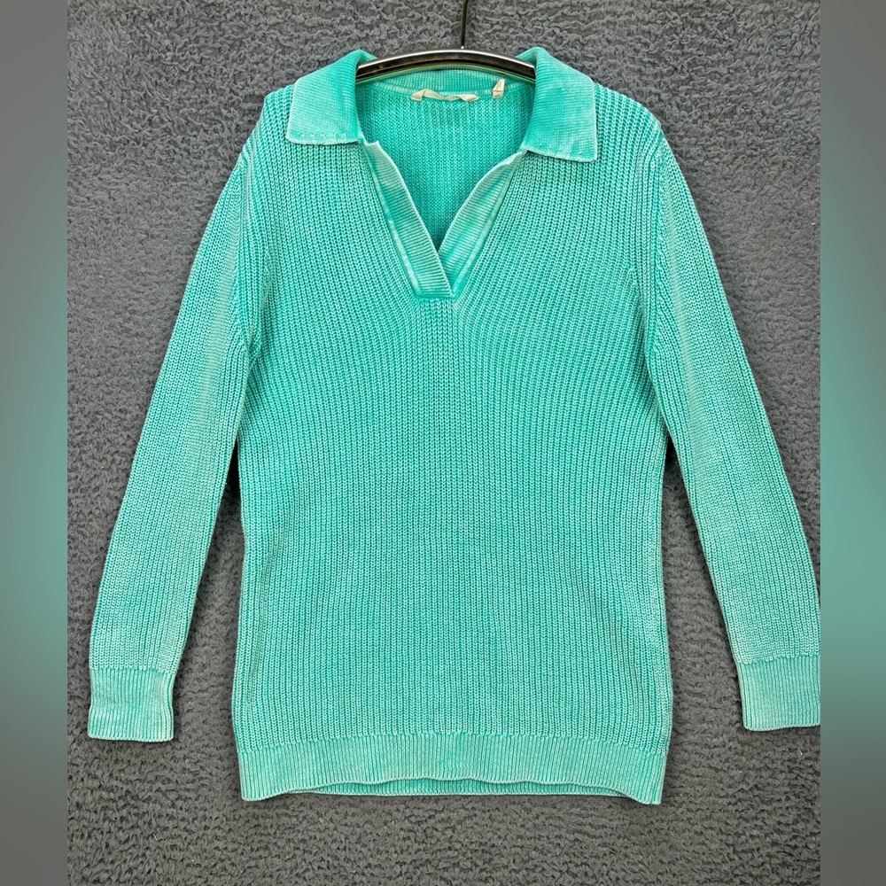 Soft Surroundings Sweater Teal Antique Wash Ribbed Pullover Collared Women Small